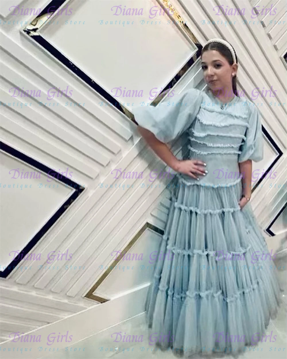 Elegante qualidade luz azul fl - Toddler Girl Tulle Party Dress avaliação e preço